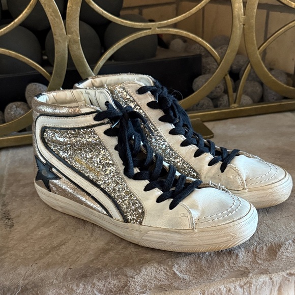 Golden Goose White and Silver Glitter Sneakers